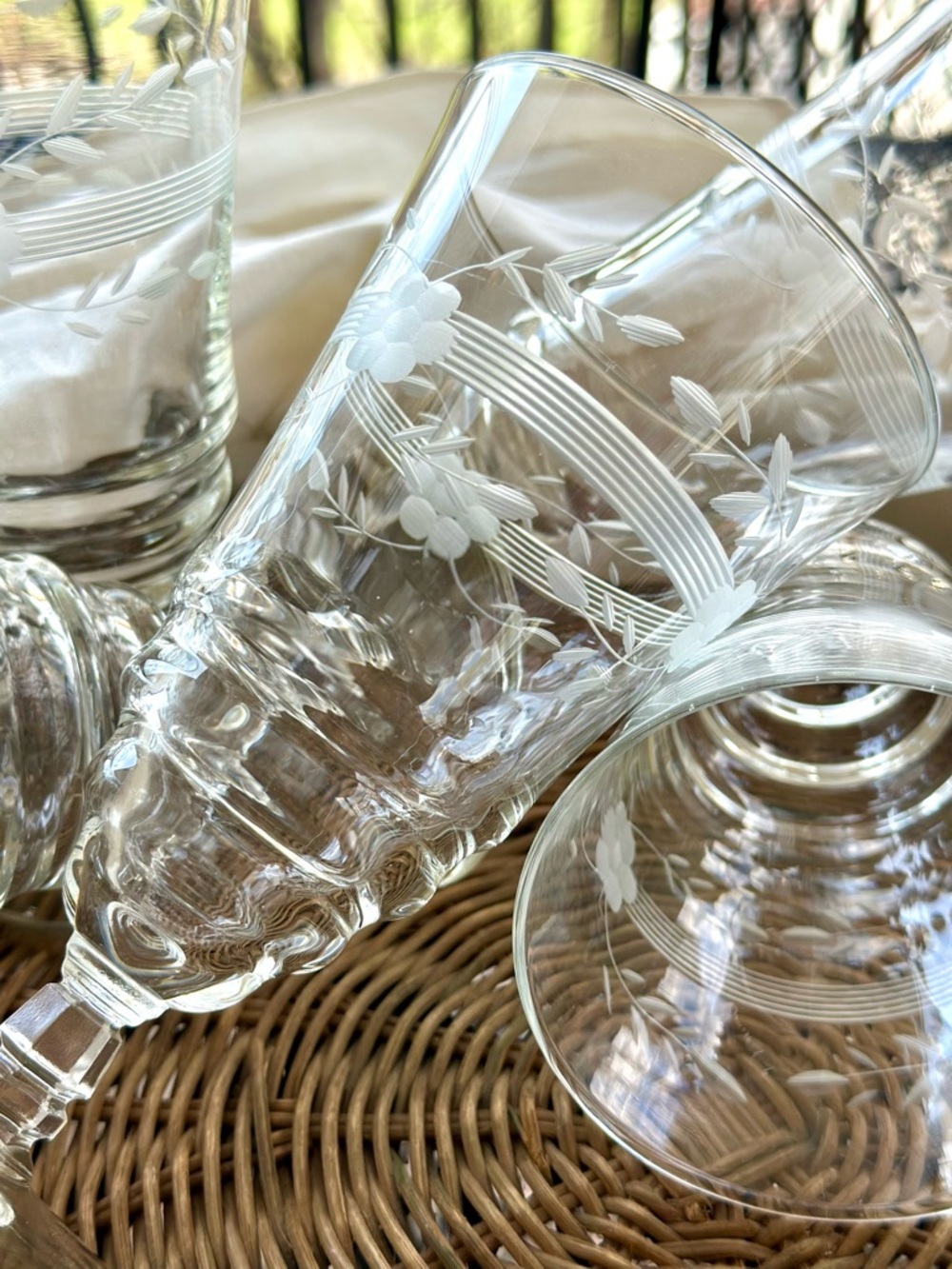 Vintage Etched Floral Goblets Set of 5 Clear Glass